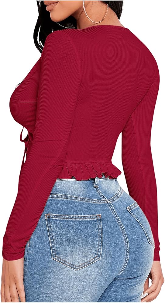 SweatyRocks Women's Tie Up Open Front Long Sleeve Crop Top T Shirt